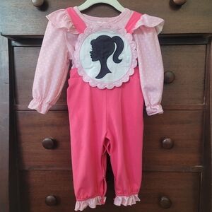 Baby Girl 2 Pc Pink Barbie Ruffle Overall Set Size Months Vintage Silhouette